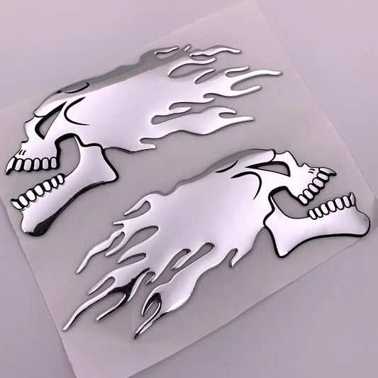 2pcs/Piar silver 3D Fire Ghost Skull Head Auto Hurricane Chrome Plating Motorcycle Stickers