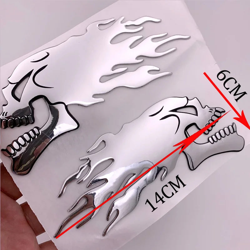 2pcs/Piar silver 3D Fire Ghost Skull Head Auto Hurricane Chrome Plating Motorcycle Stickers